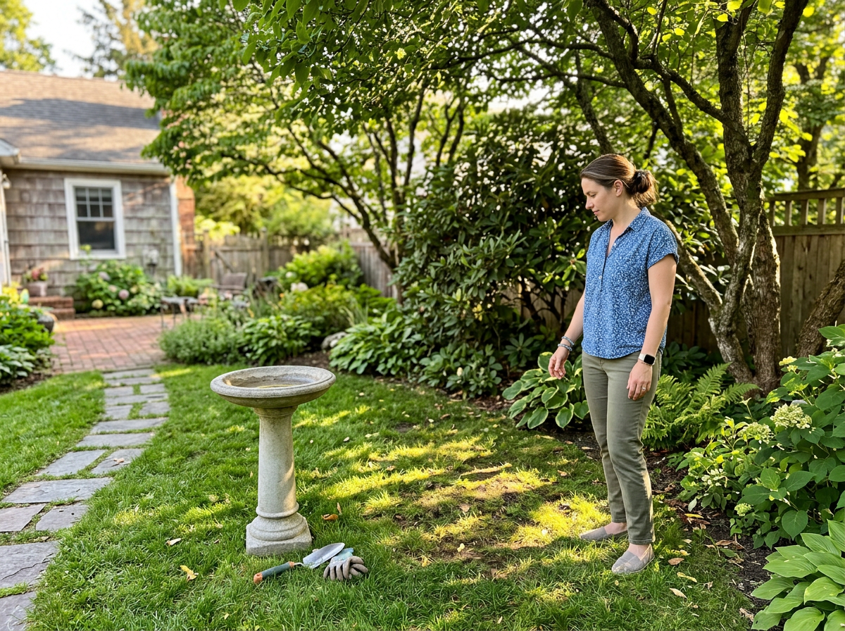 Chosen partially shaded backyard spot for installing a bird bath