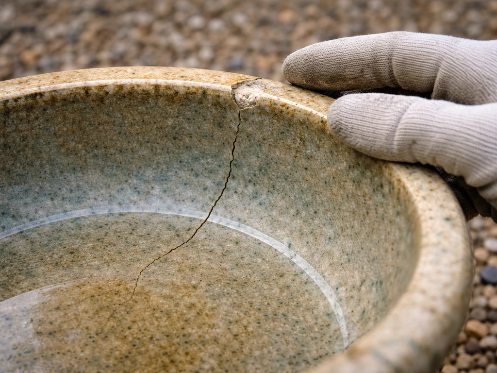 Close-up of a cracked bird bath basin and rim with a hand inspecting the damage points