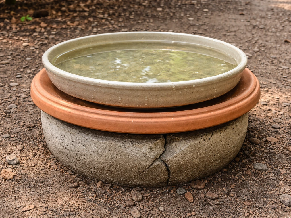 Shallow terracotta bird bath tray set over a cracked leaking basin, ready for birds to drink
