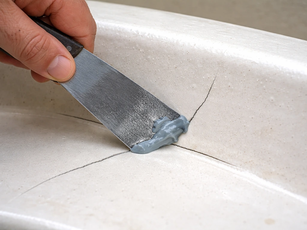 Close-up of a crack being filled with waterproof silicone using a putty knife on a dry basin surface.
