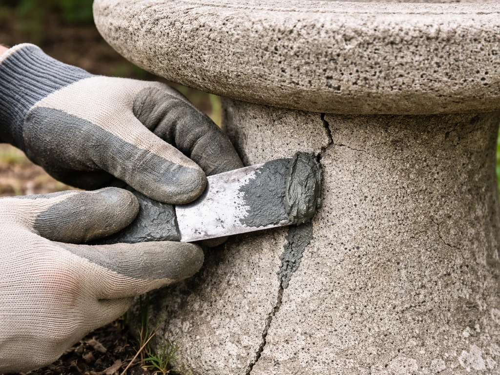 Gloved hands pressing thick hydraulic compound paste into a crack on a concrete bird bath pedestal.