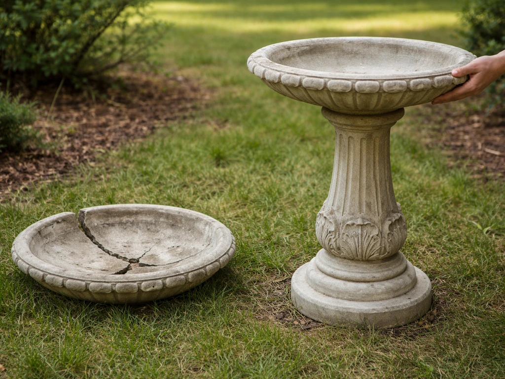 Garden pedestal with old cracked birdbath basin removed and a new basin being installed