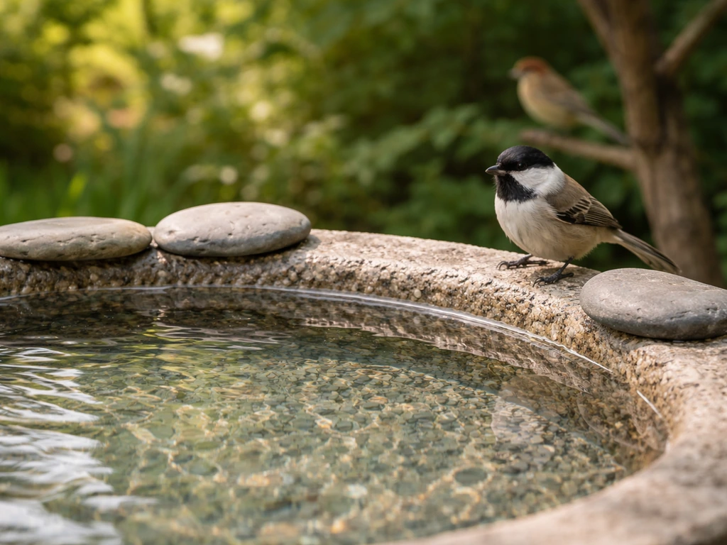 Close-up of a backyard bird bath with water, flat stones, and textured basin liner, birds nearby