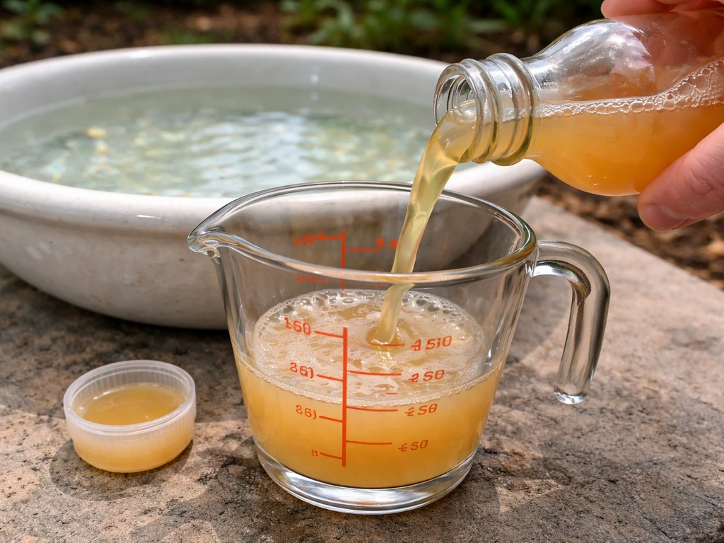 Measuring and pouring raw apple cider vinegar into a bird bath water using a glass cup.