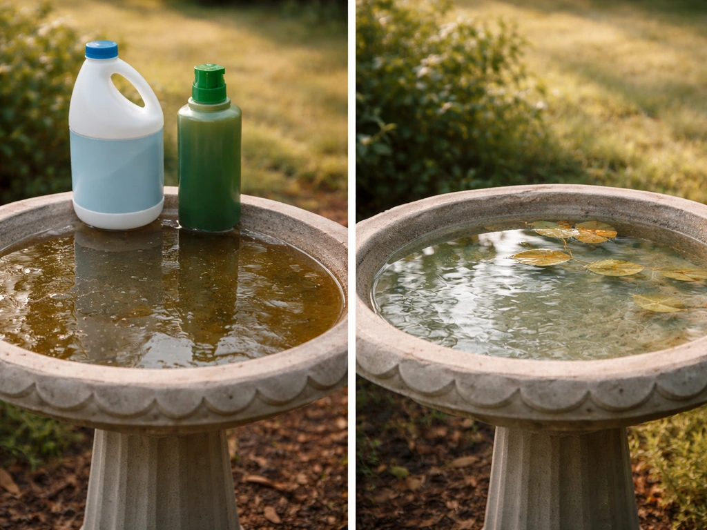 Split-scene of a clean bird bath beside harmful chemicals like bleach and algaecide bottles