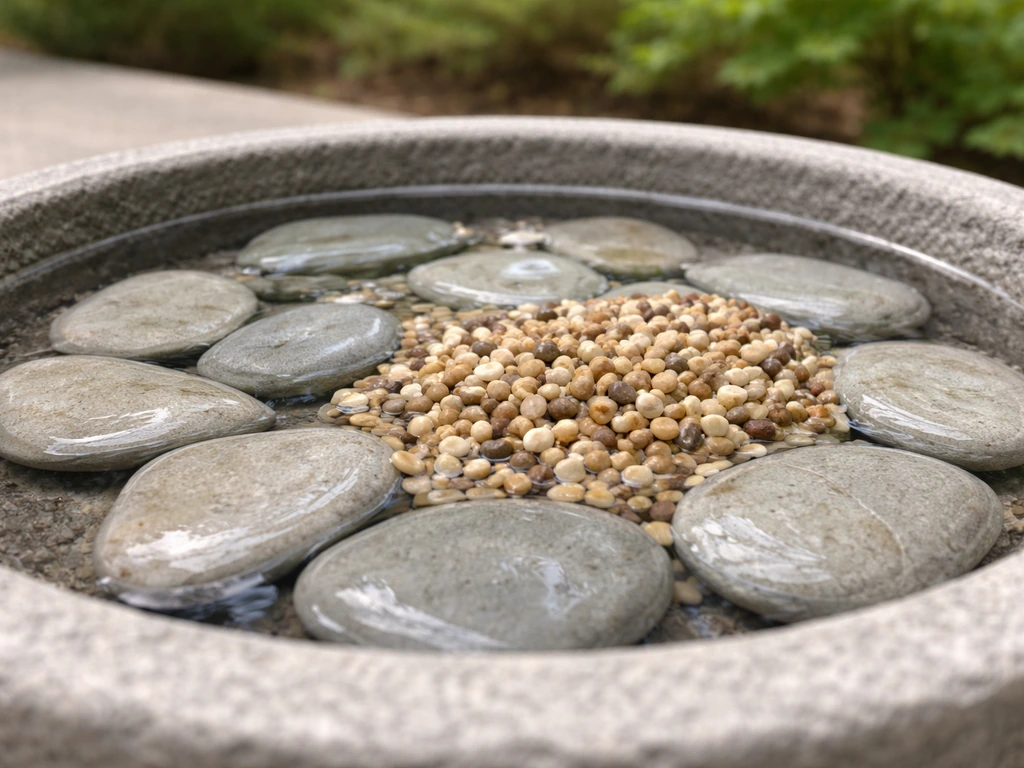 Close-up of a bird bath basin with flat stones and pea gravel added for traction