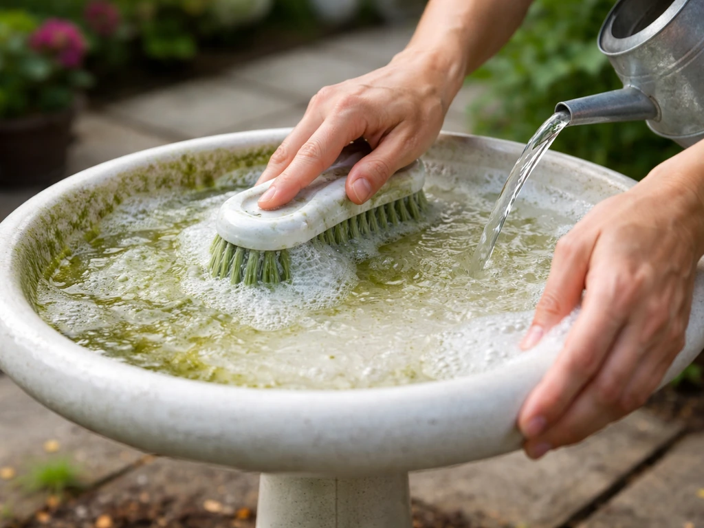 Hands scrubbing a bird bath basin while fresh water rinses away algae and leaves ripples.