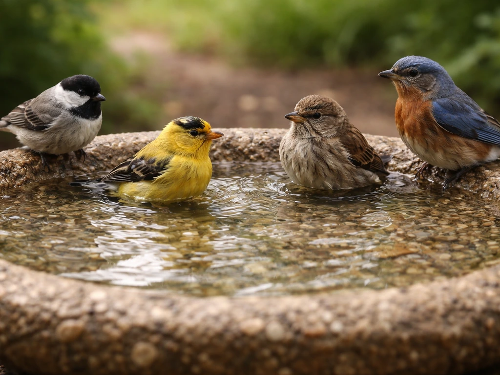 Close-up of small birds wading in a shallow, textured bird bath with gentle ripples and splashes.