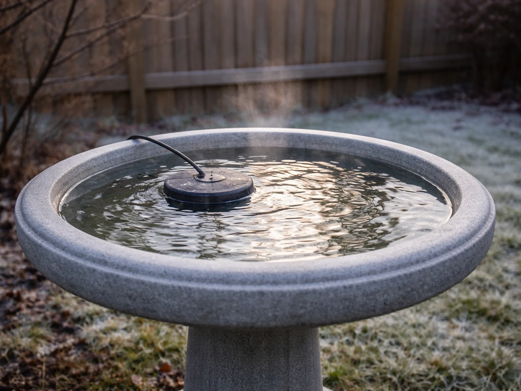 Heated bird bath with a visible de-icer insert keeping water from freezing in a frosty backyard.