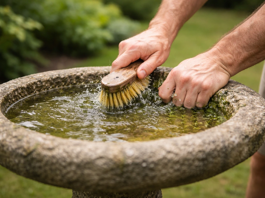 Person scrubbing a bird bath with a stiff brush to remove algae and grime