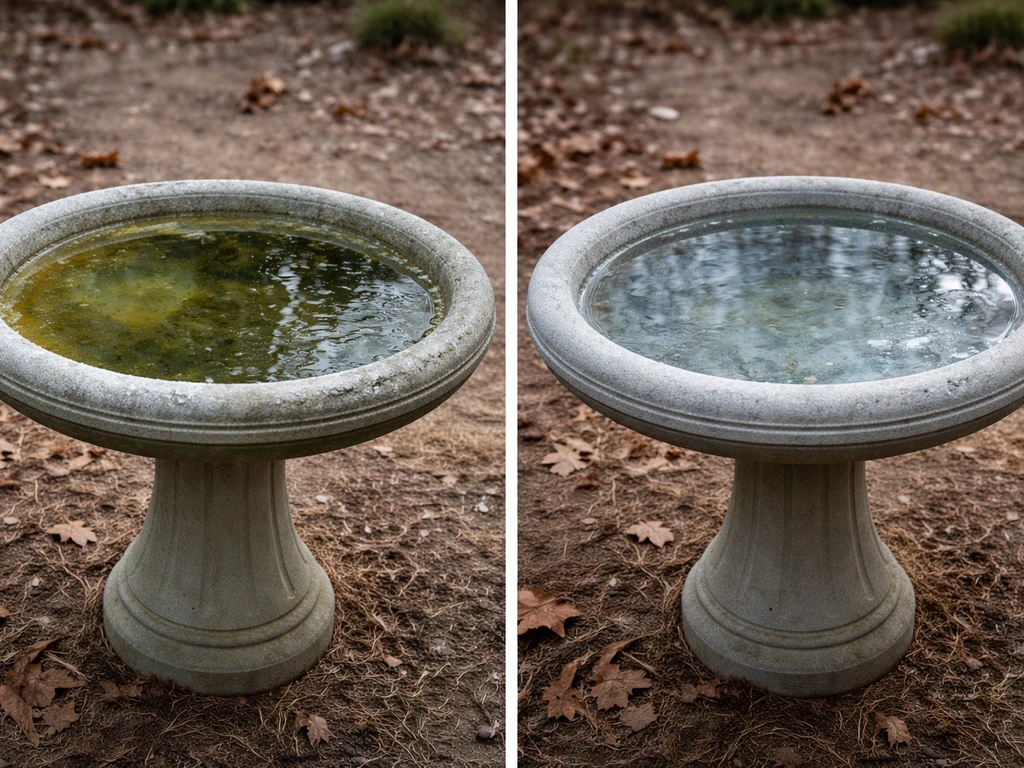 Bird bath with green algae water on one side and freshly cleaned clear water on the other, winter scene.