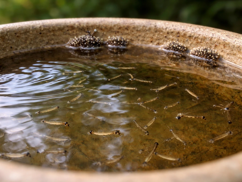 Close-up of mosquito larvae and egg rafts near the surface of standing water in a bird bath.