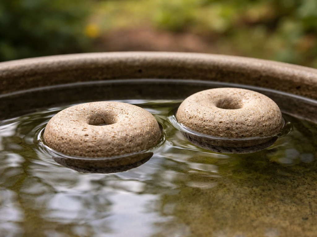 Donut-shaped Bti mosquito dunk discs floating in a bird bath with gentle ripples and waterline reflections.