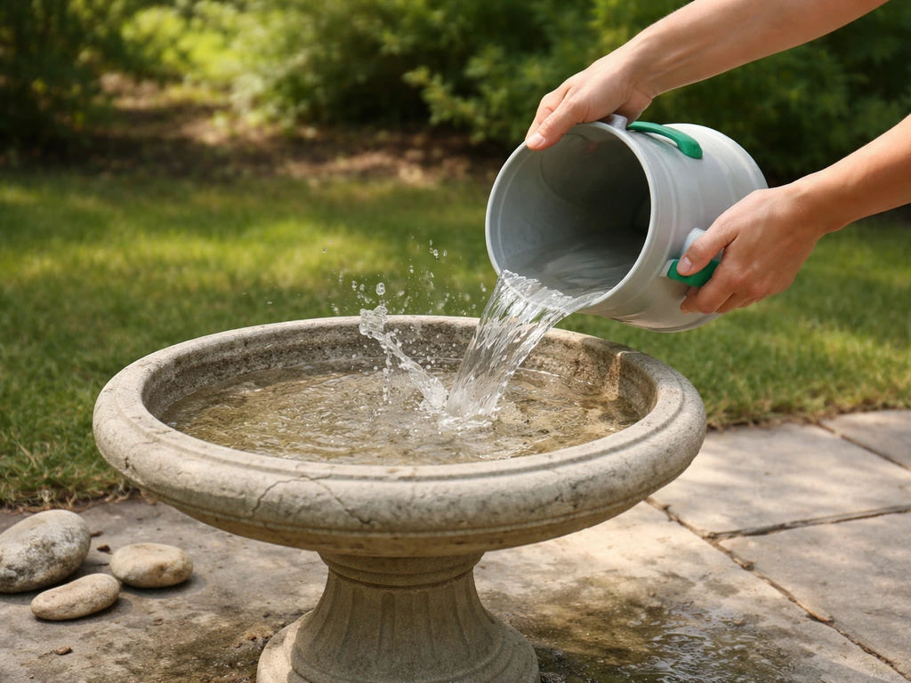 Person empties a bird bath bucket outdoors, rinses briefly, then prepares to refill with clean water.