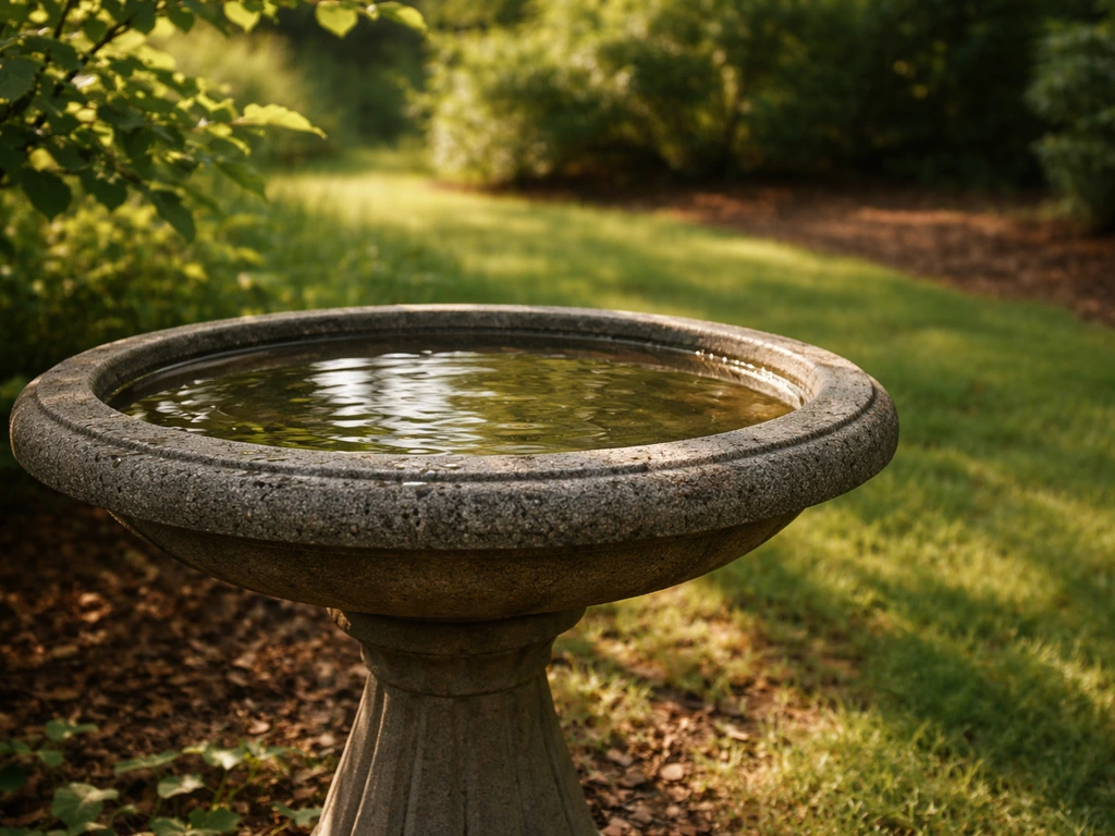 Bird bath in morning sun with afternoon leaf shade, clean water and minimal clutter around it.