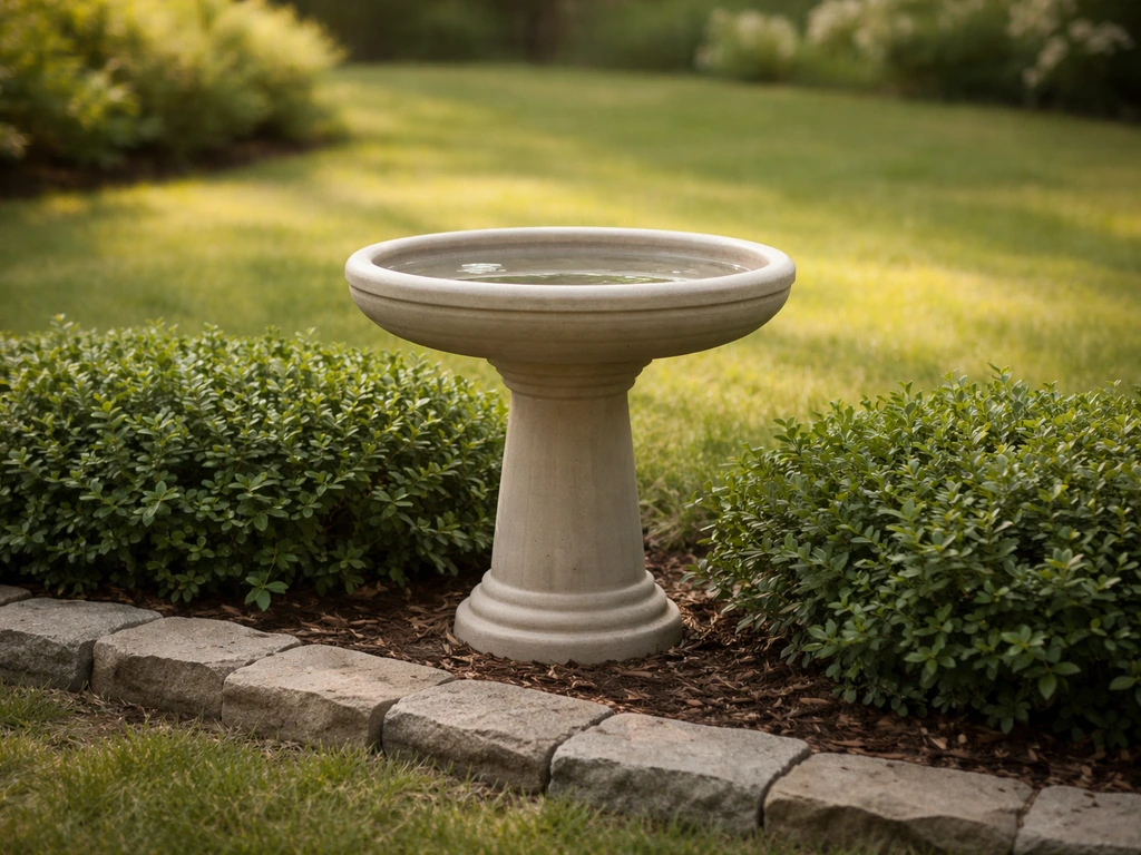 Backyard bird bath about 24–36 inches high next to low shrub and garden wall for height reference.