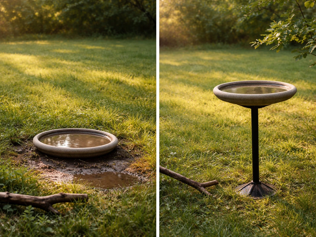 Ground-level and elevated bird baths side-by-side in a backyard, showing easier access for low-feeding birds.