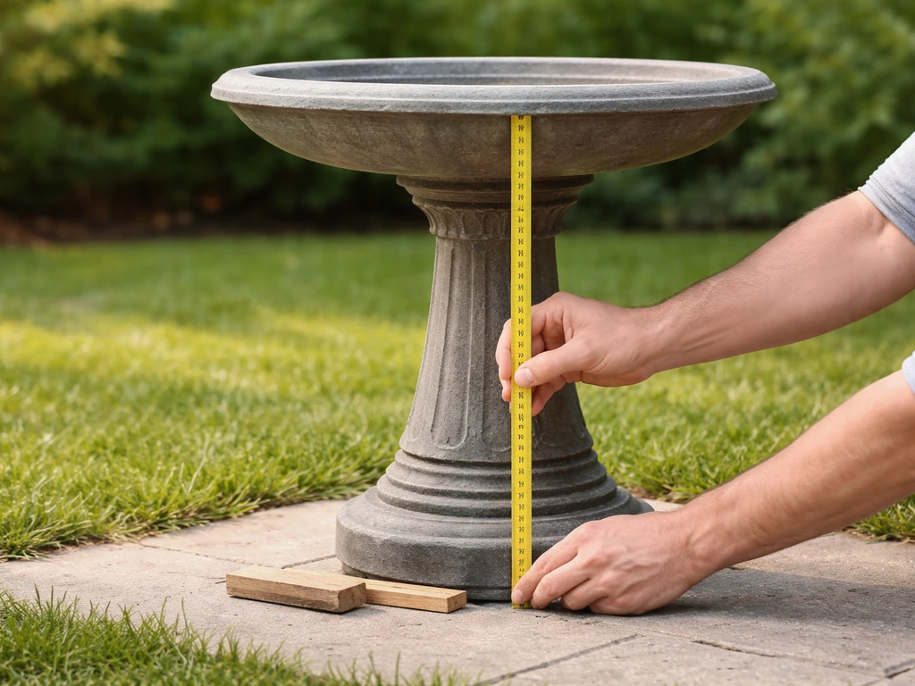 Person measuring the distance from ground to a bird bath basin rim, then adjusting it on a pedestal