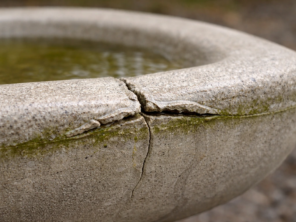 Close-up of a cracked bird bath seam with lifted sealant edges and faint algae film.