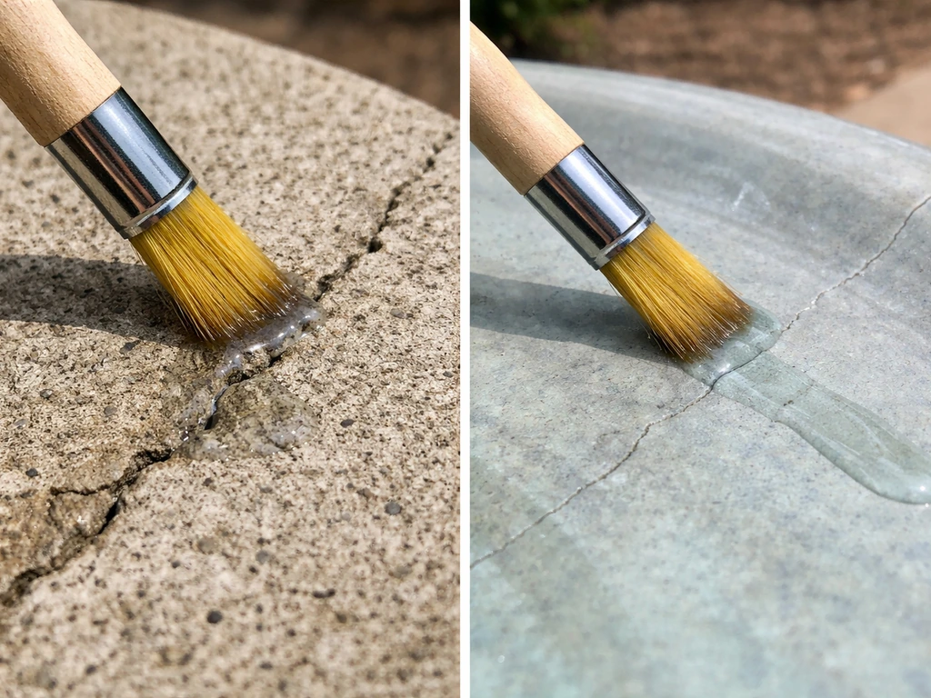 Close-up textures: epoxy brushed into porous concrete and spread on scuffed ceramic bird-bath surfaces.