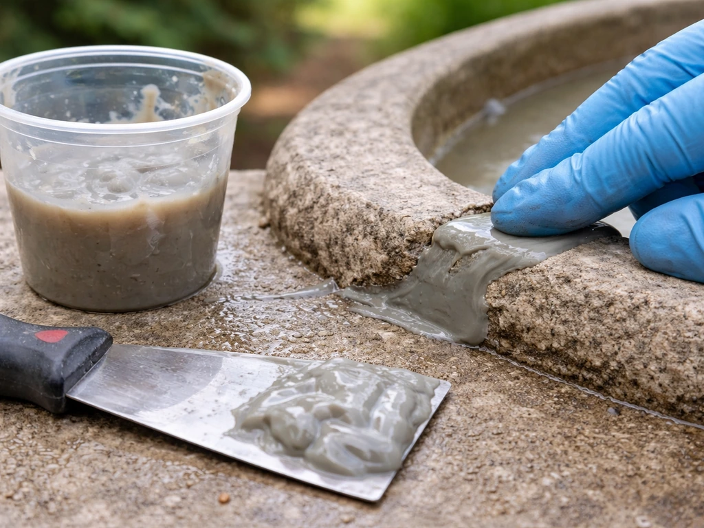 Disposable cup of mixed two-part epoxy beside a putty knife, with epoxy being pressed into a bird bath crack