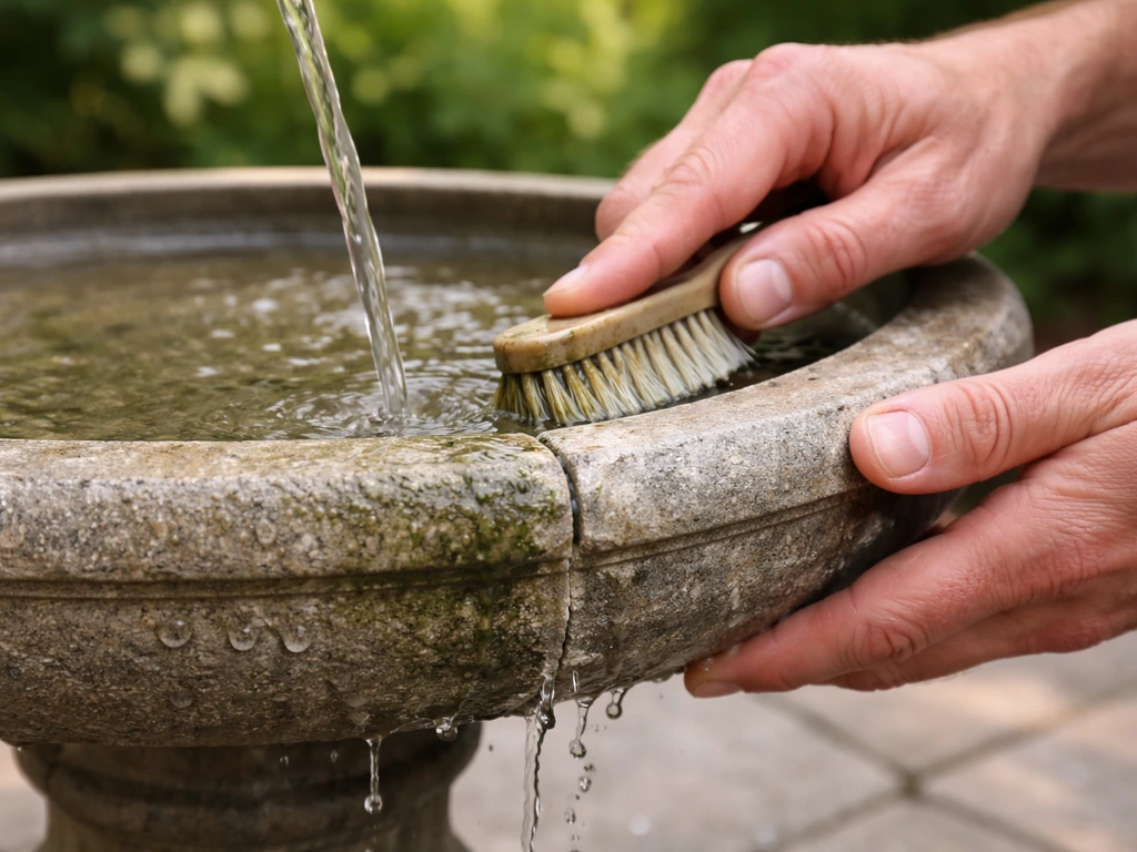 Close-up of a person scrubbing algae off a bird bath joint, then rinsing and drying the area