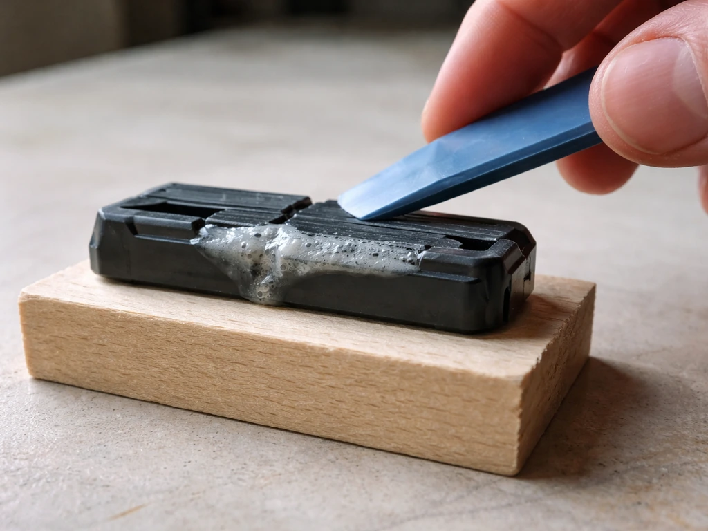 Close-up of a milky, foamy cured epoxy joint with a nearby pry tool ready for a rocking test