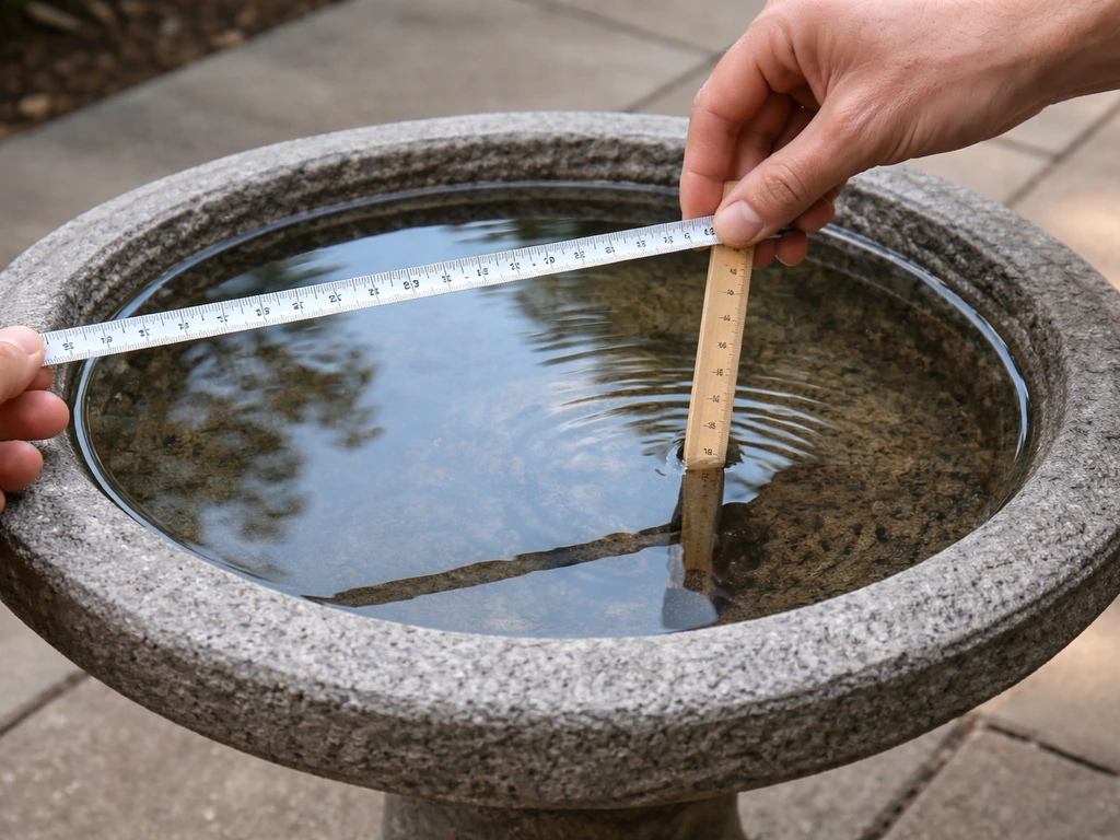 Hands using measuring tape and a ruler to check bird bath water depth and basin diameter