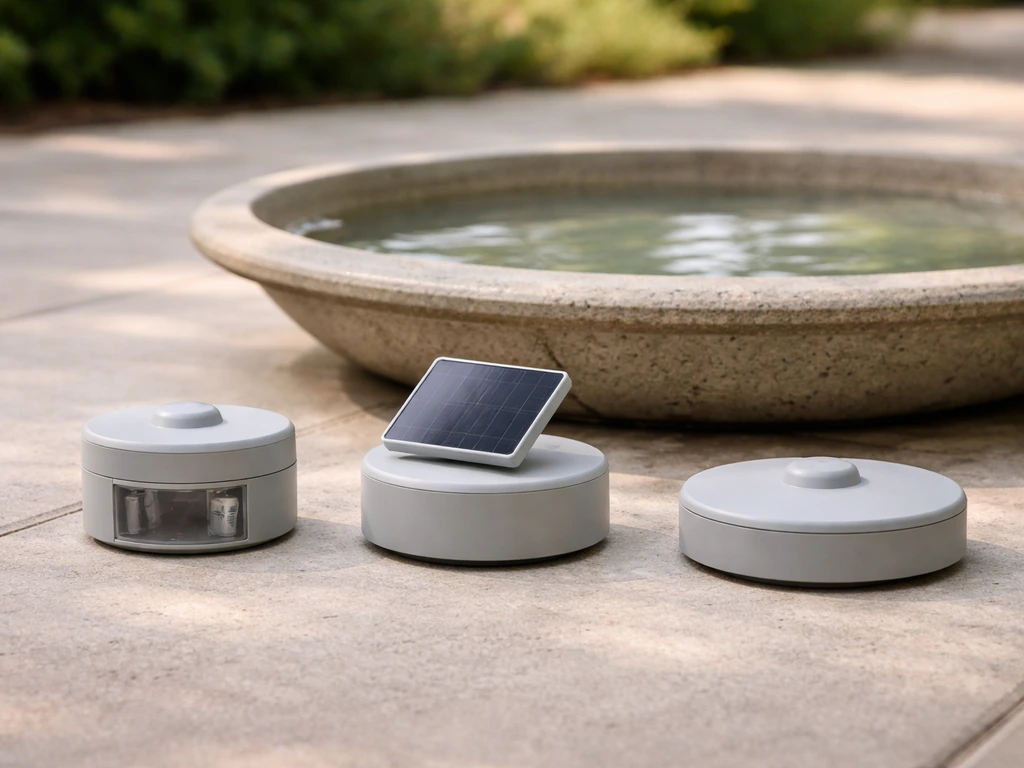 Three water wiggler devices—battery, solar, and compact—shown side by side near an empty bird bath.