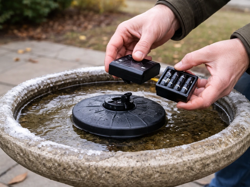 Hands removing a mosquito wiggler from an outdoor bird bath before frost, with batteries taken out.
