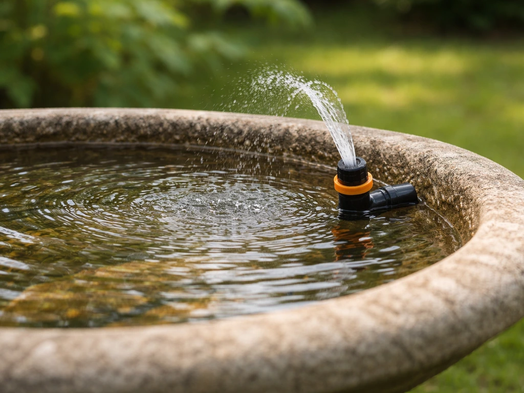 Close-up of a backyard water basin with a gentle spray set a few inches above the rim