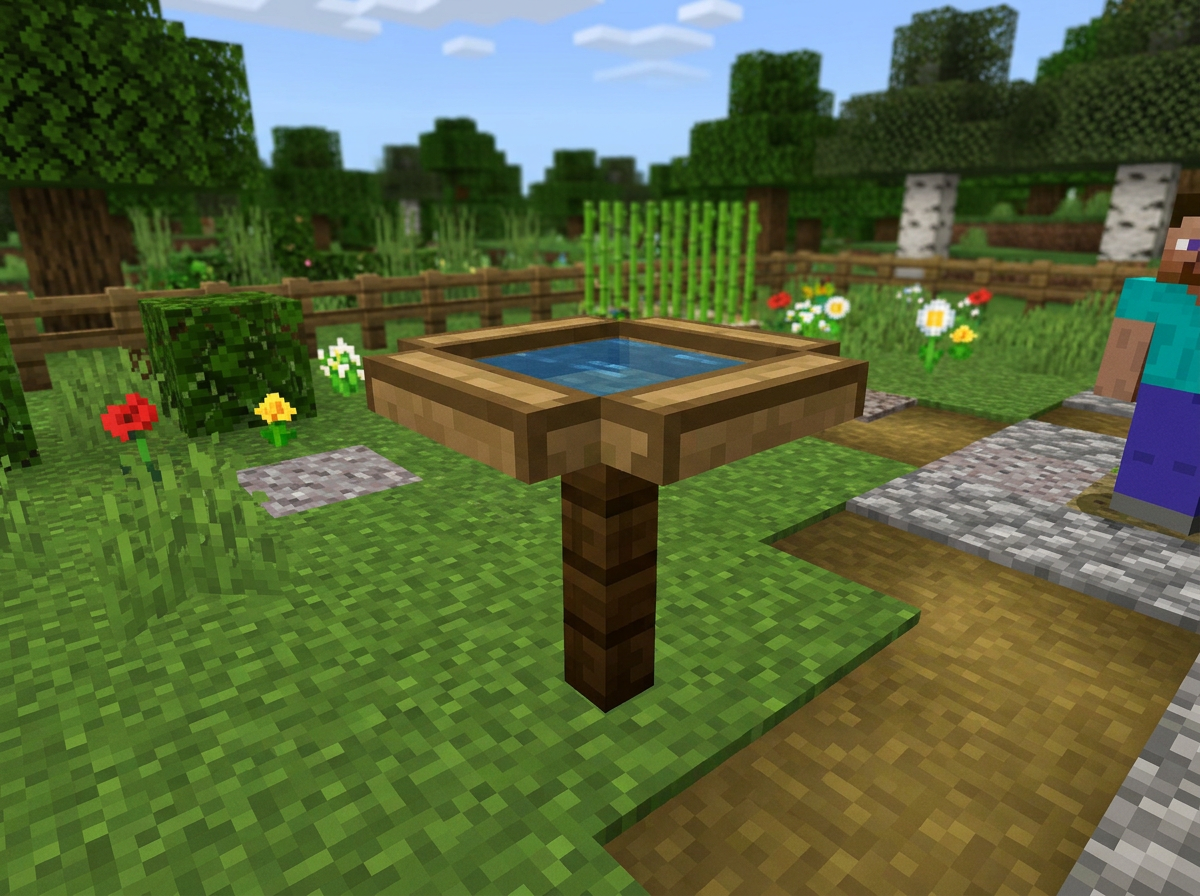 Completed Minecraft bird bath silhouette with slab basin and water source