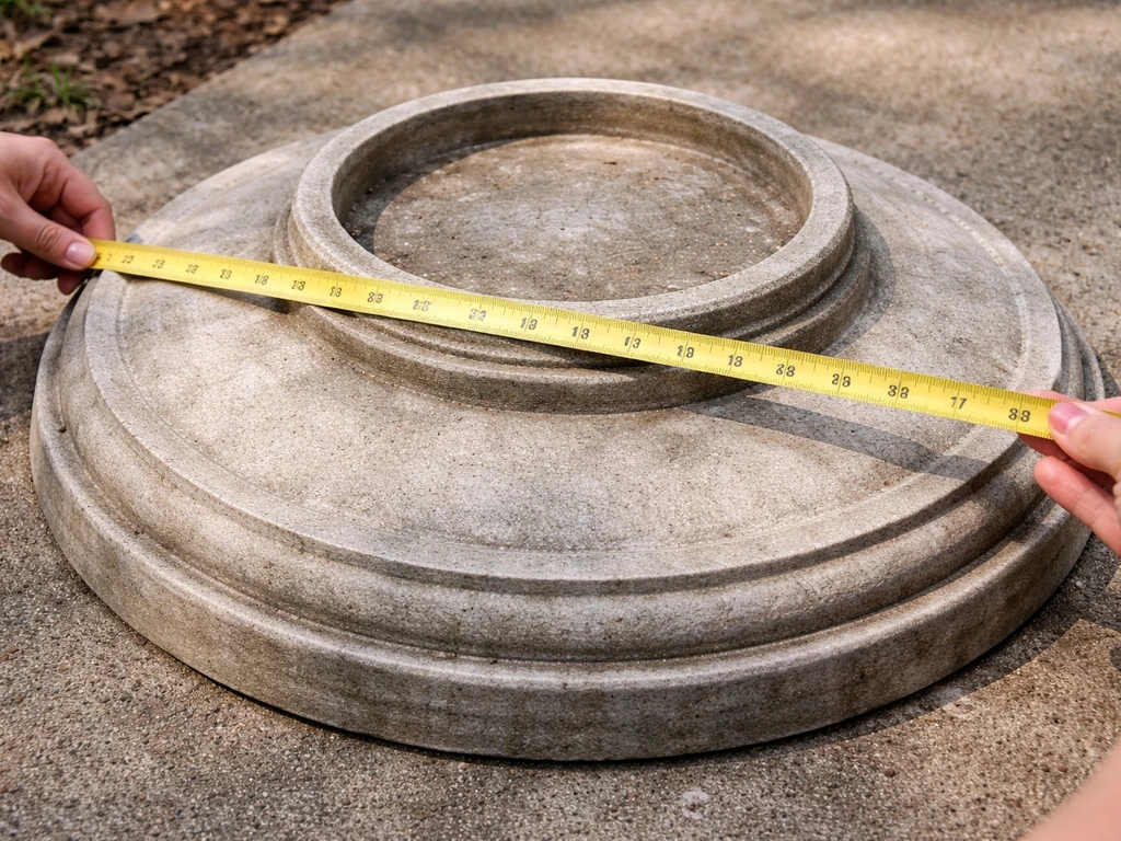 Upside-down stone bird bath top with a tape measure across the rim to show its outer diameter