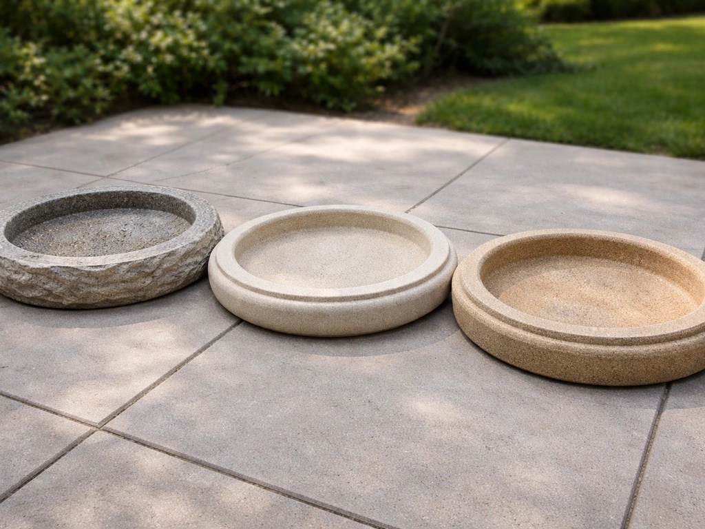 Three bird bath tops of different stone/composite materials laid out side-by-side for comparison.