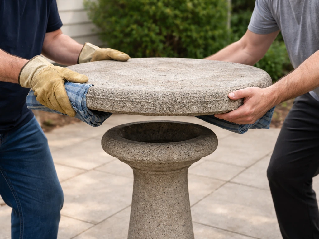 Two people carefully lifting a heavy stone bird bath top onto a pedestal with padded gloves