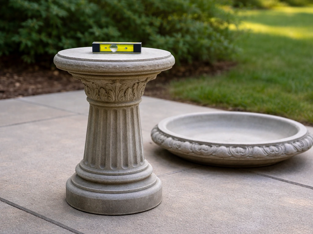 Bubble level resting on a bird bath pedestal base to show a level setup before placing the top