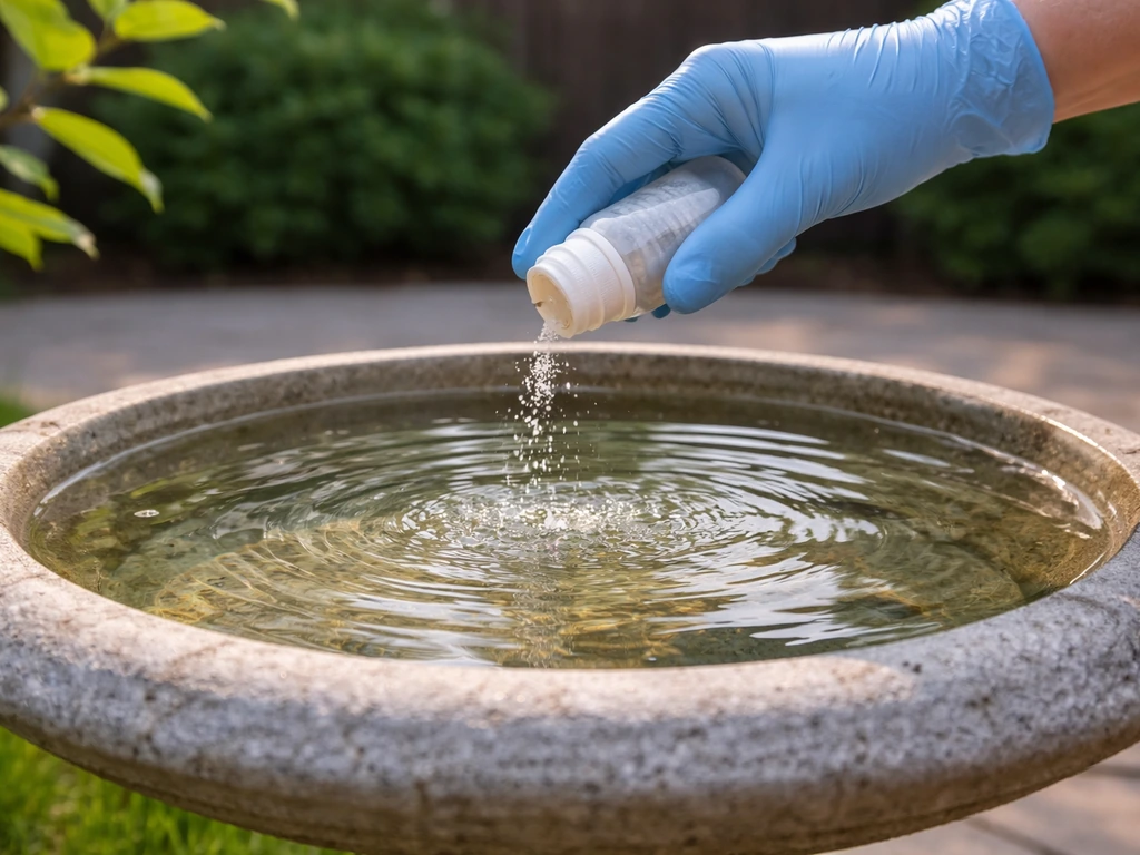 Gloved hand sprinkles granular mosquito treatment into a backyard bird bath to prevent standing-water pests