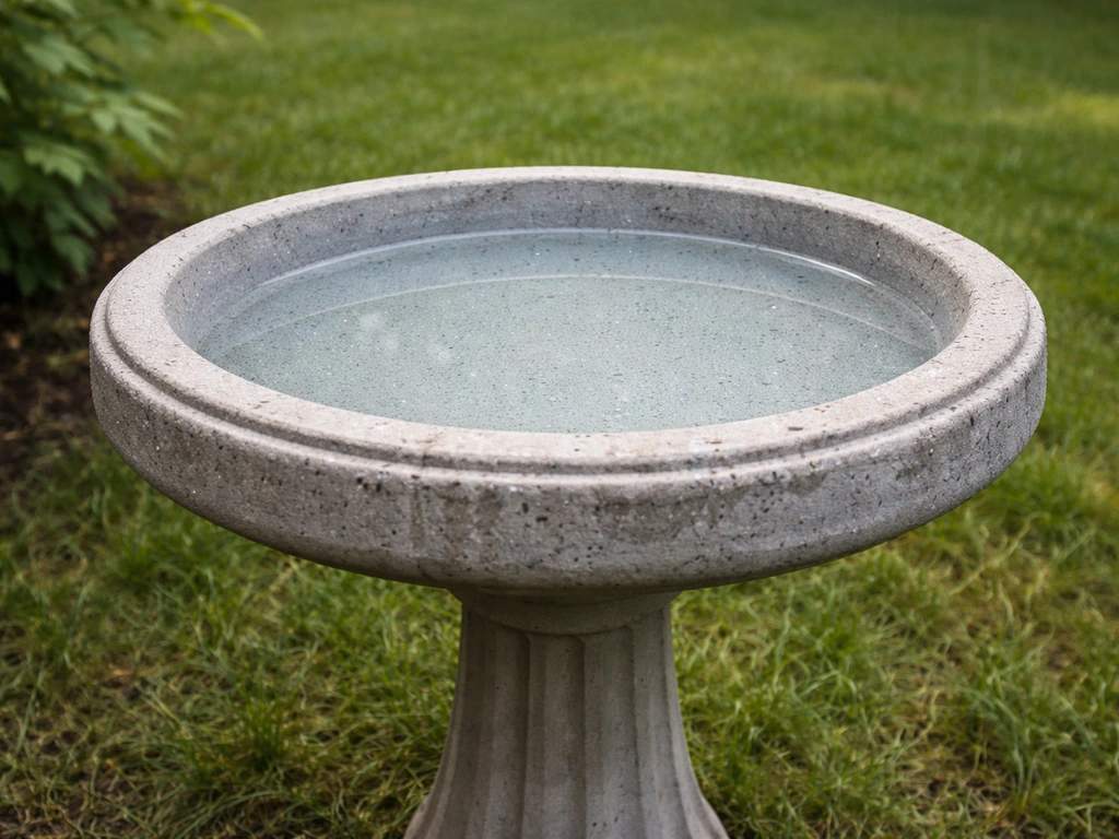 Concrete bird bath in a garden showing a freshly coated inside basin and weathered exterior.