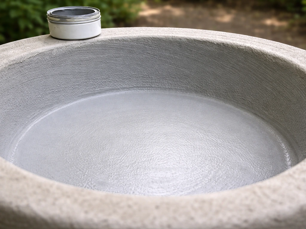Close-up of a coated bird-safe basin interior showing water-contact safe finish on pale protective surface.