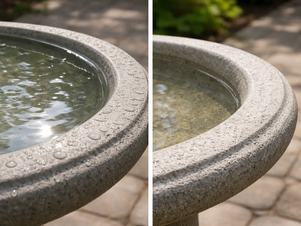 Split close-up of a bird bath showing glossy waterproof lining inside and matte weatherproof coating outside.