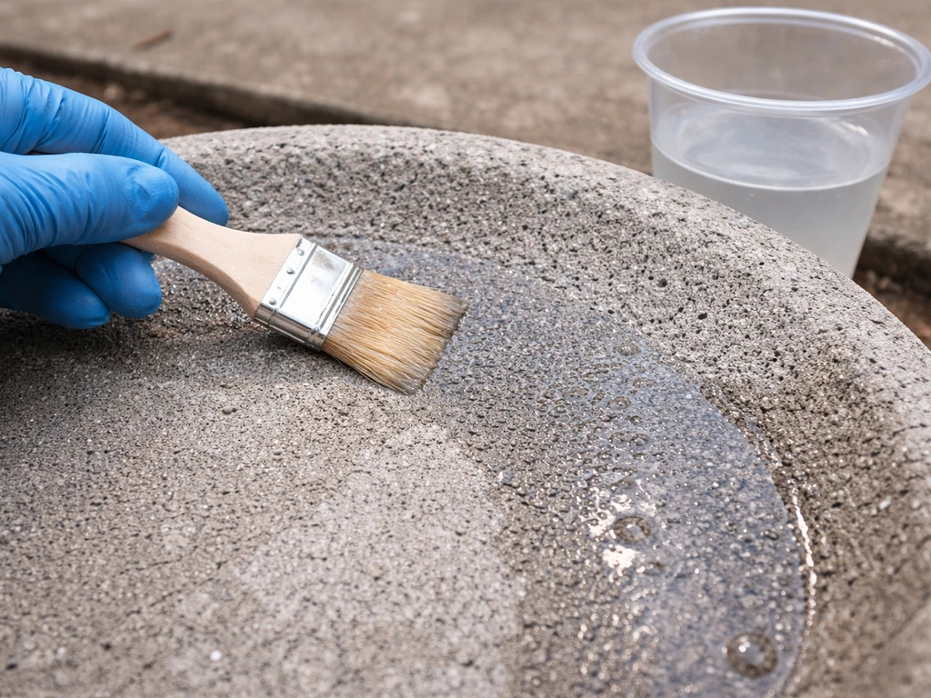 Close-up of a hand-brush applying low-VOC water-based sealer to rough concrete for a bird bath.