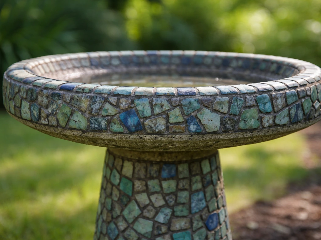 Close-up of a concrete bird bath pedestal with mosaic tile decoration and visible waterproof grout.