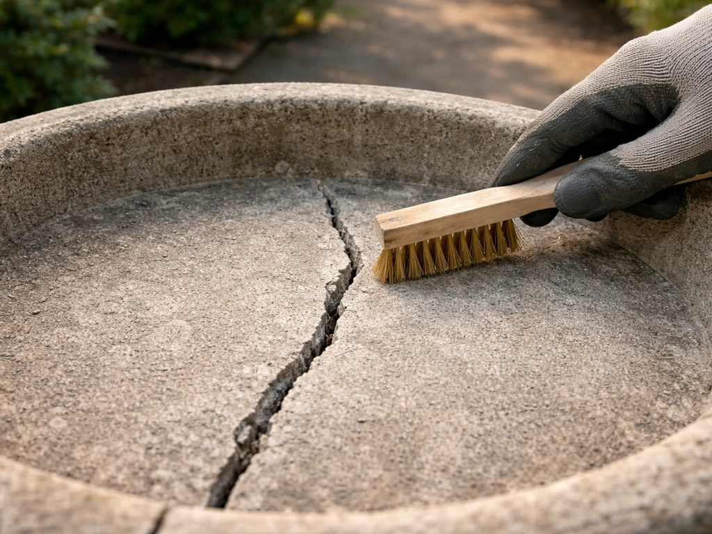 Close-up of a cleaned concrete crack in a birdbath, ready for patching, with a brush removing debris
