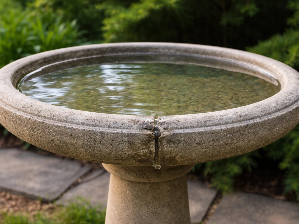 Water-filled bird bath with a visible seam/crack area for a leak test in a quiet garden setting.