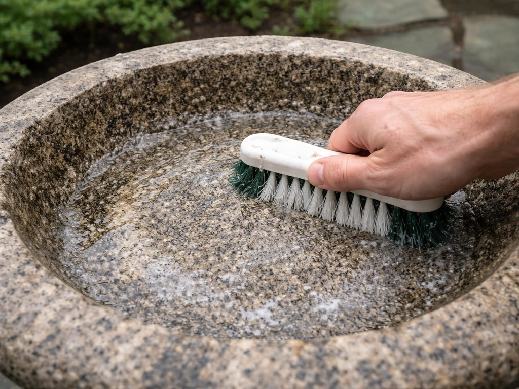Close-up of a birdbath basin being scrubbed with a stiff brush, showing stained pitted surface.