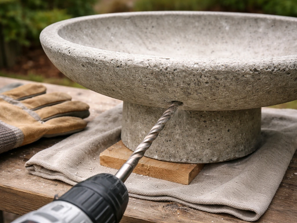 Close-up of a masonry drill bit drilling into the bottom of a concrete bird bath bowl on a work surface.