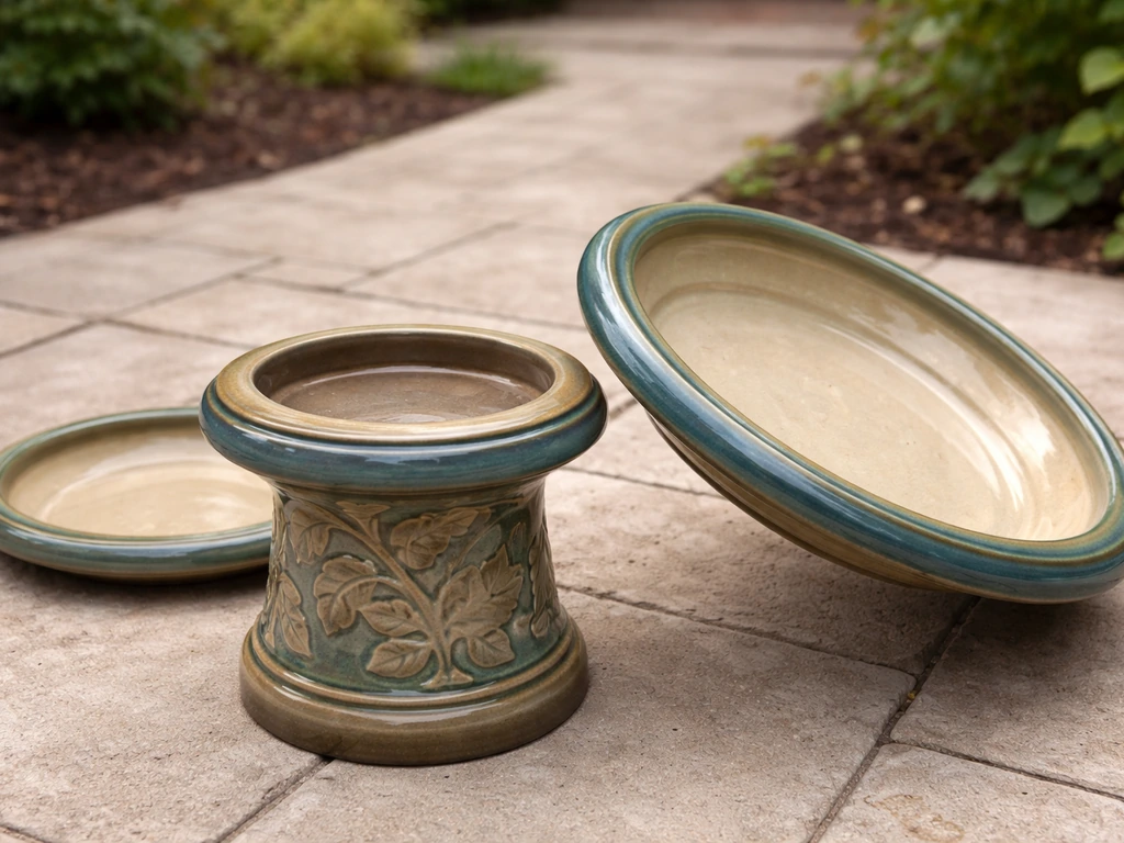 Ceramic bird bath pedestal with top removed, correctly sized replacement top positioned nearby on a patio