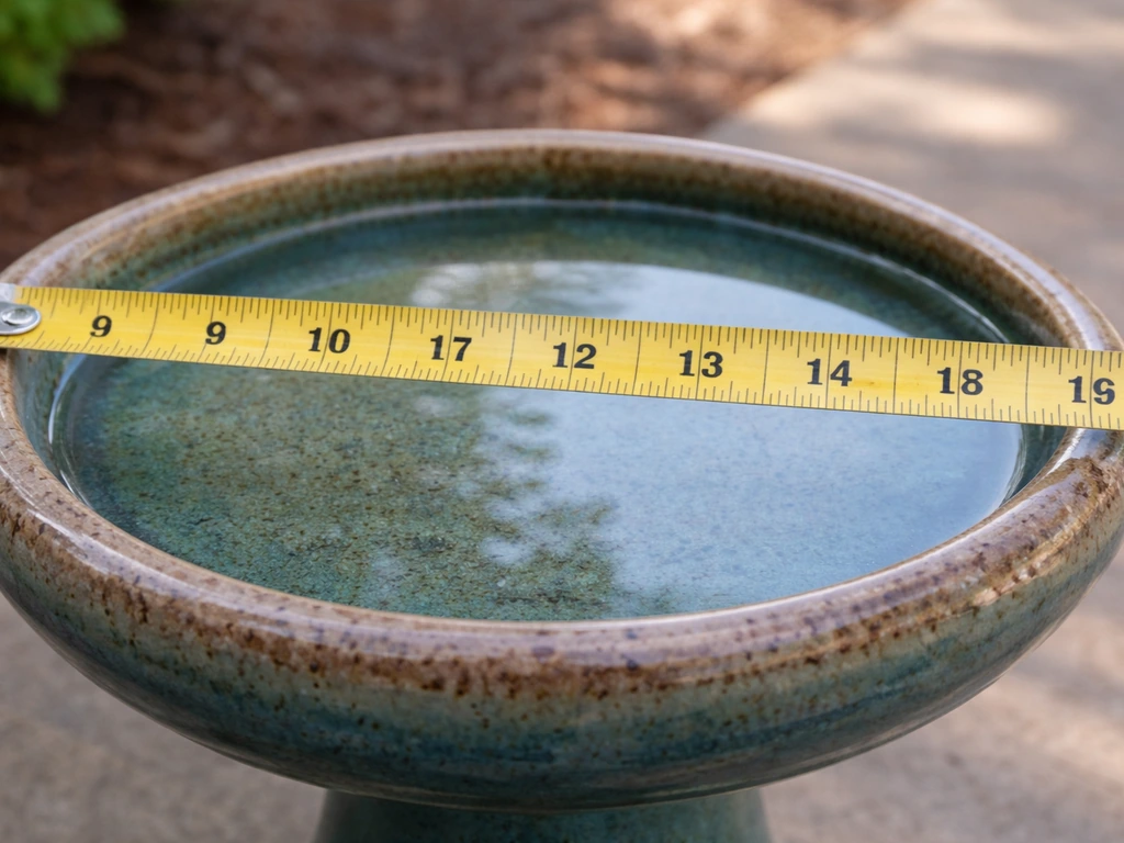 Close-up of a tape measure measuring the outer diameter of a ceramic bird bath top.