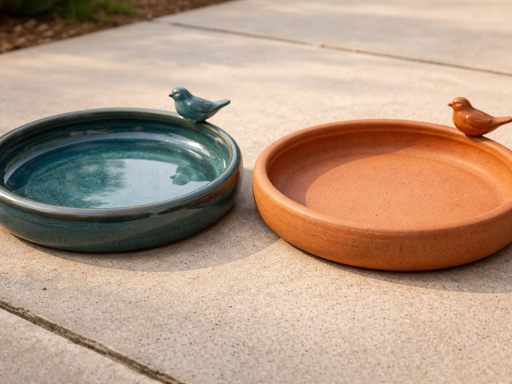 Two bird bath tops side by side: glossy glazed ceramic left, matte porous terracotta right.