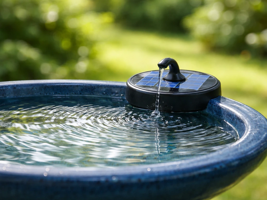 Solar-powered dripper/wiggler on a bird bath rim, creating gentle ripples to reduce algae.